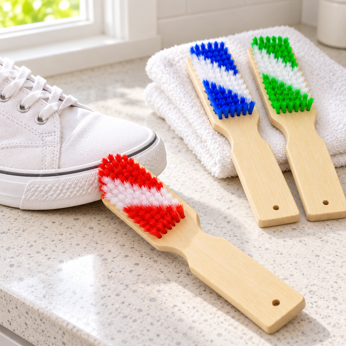 Shoe brushes beside an unbranded sneaker and towel; props not included.