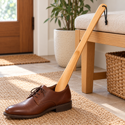 Beechwood Long Shoehorn with footwear; shoes and scene props not included.