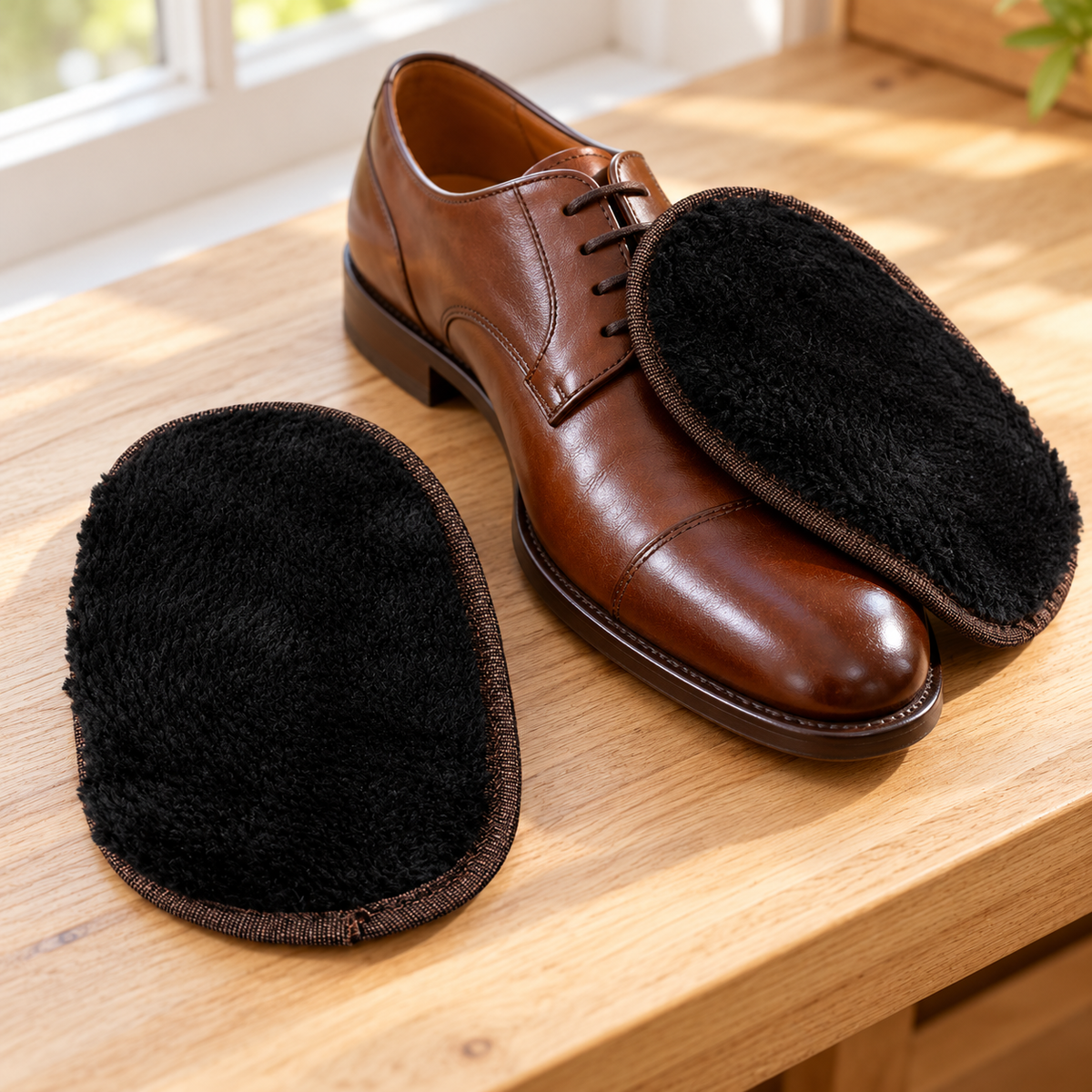 Black Polishing Mitts, Set of 2 beside footwear; scene props not included.