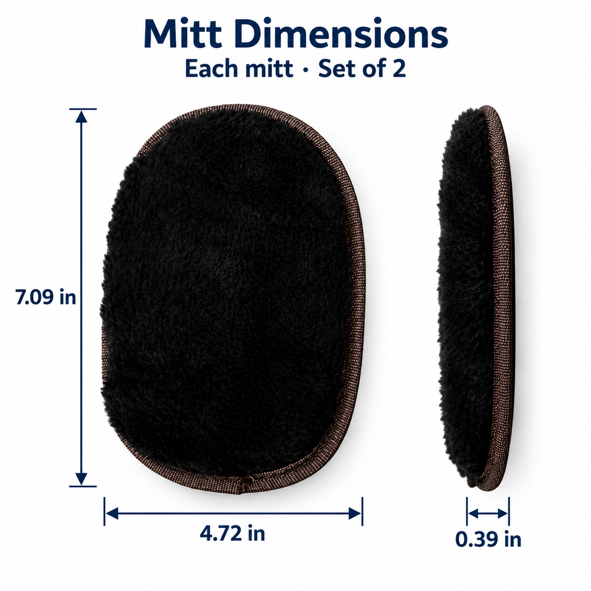 Verified dimensions in inches for black polishing mitts, set of 2.