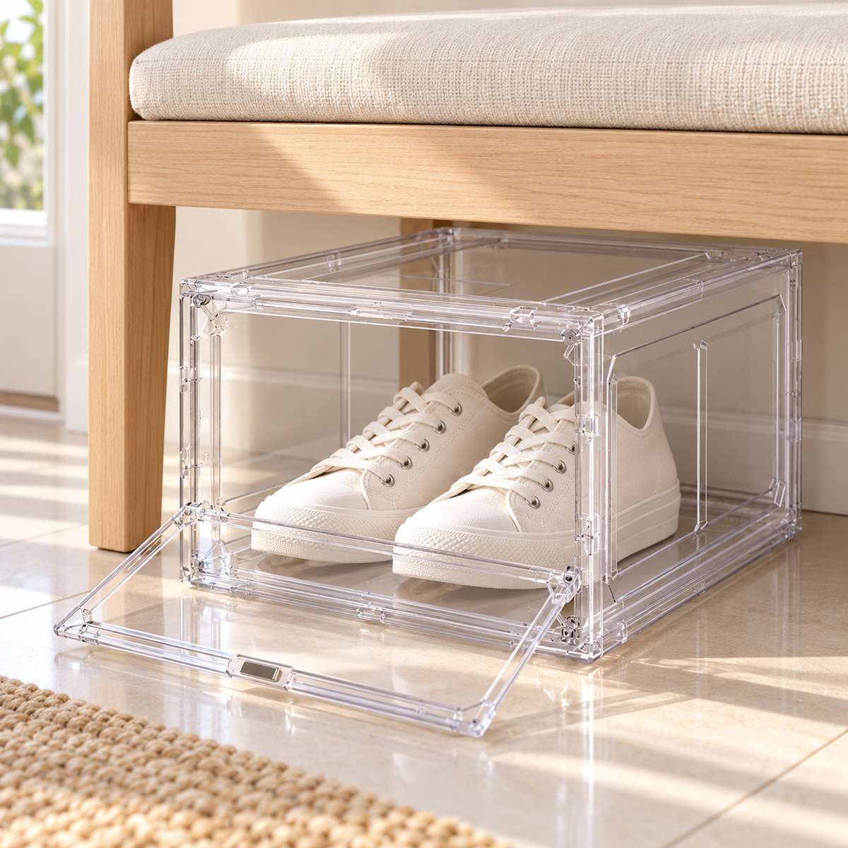 Clear Magnetic Shoe Box in a home setting; footwear and scene props not included.