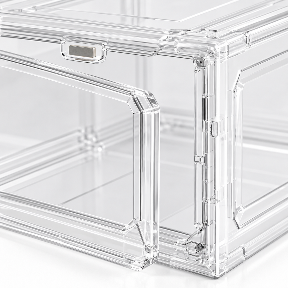 Close-up construction detail of clear magnetic shoe box.