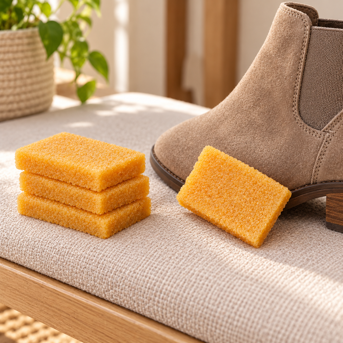 Crepe Rubber Cleaning Blocks, Set of 4 beside footwear; scene props not included.