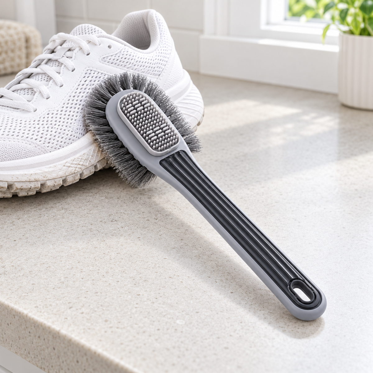 Gray Multi-Surface Shoe Brush beside footwear; scene props not included.