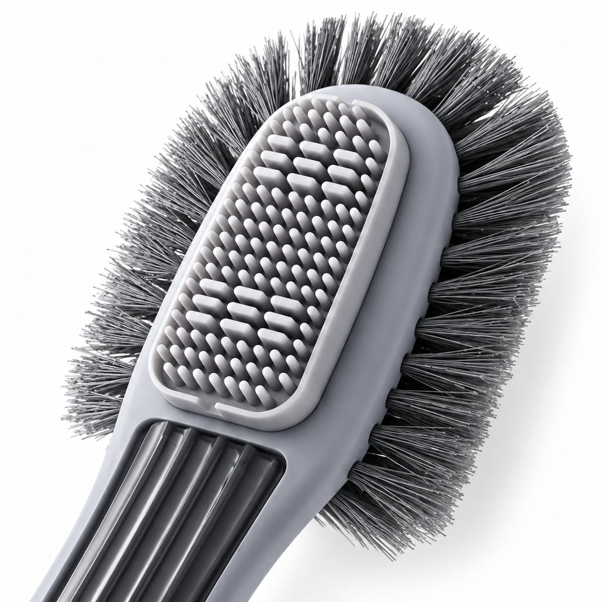 Material and construction detail of gray multi-surface shoe brush.