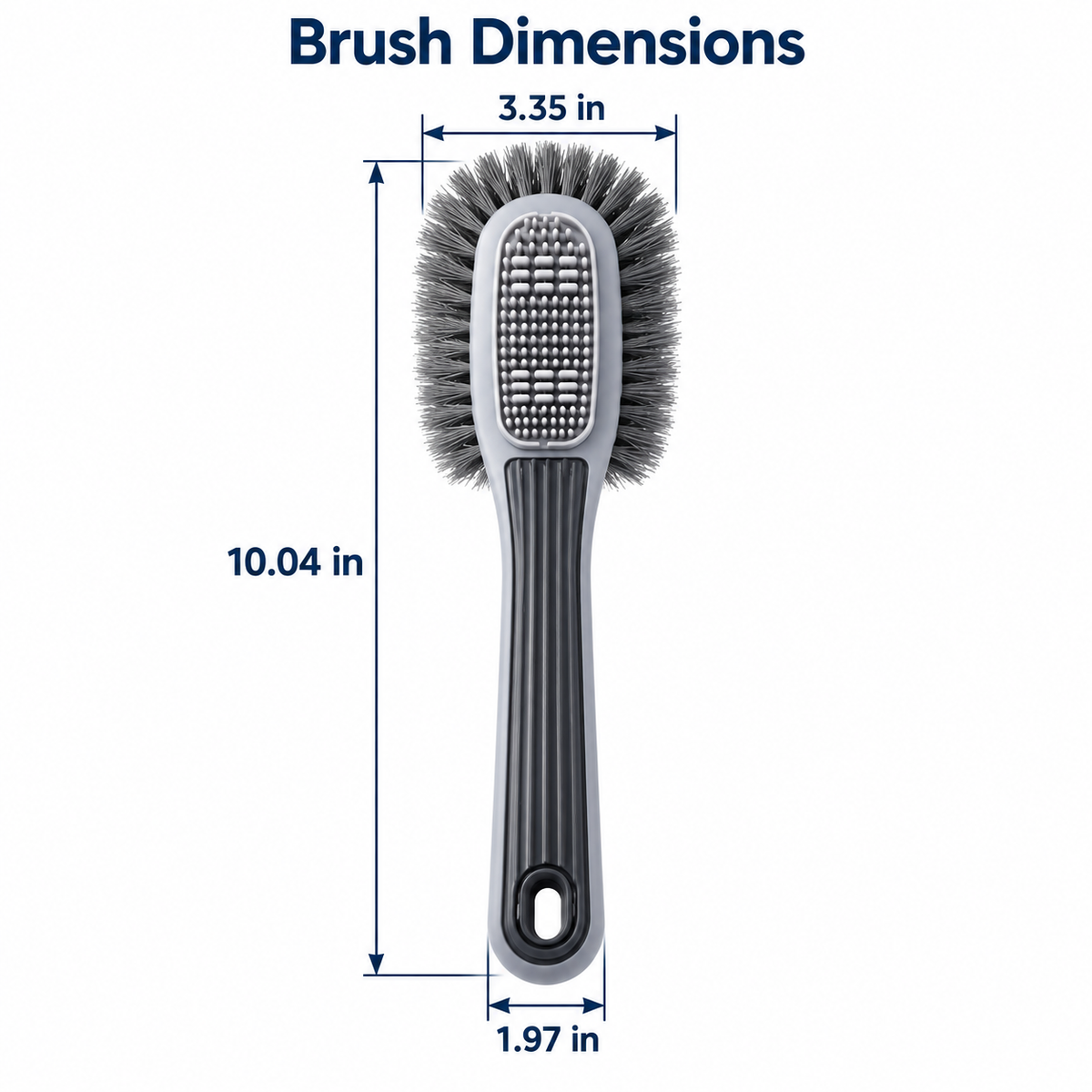 Verified dimensions in inches for gray multi-surface shoe brush.