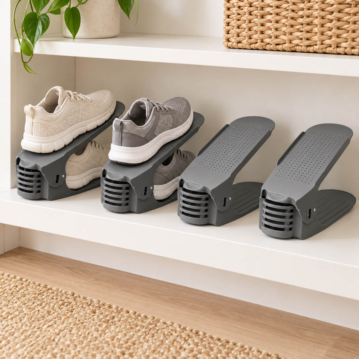 Gray Adjustable Shoe Stackers, Set of 4 in a home setting; footwear and scene props not included.