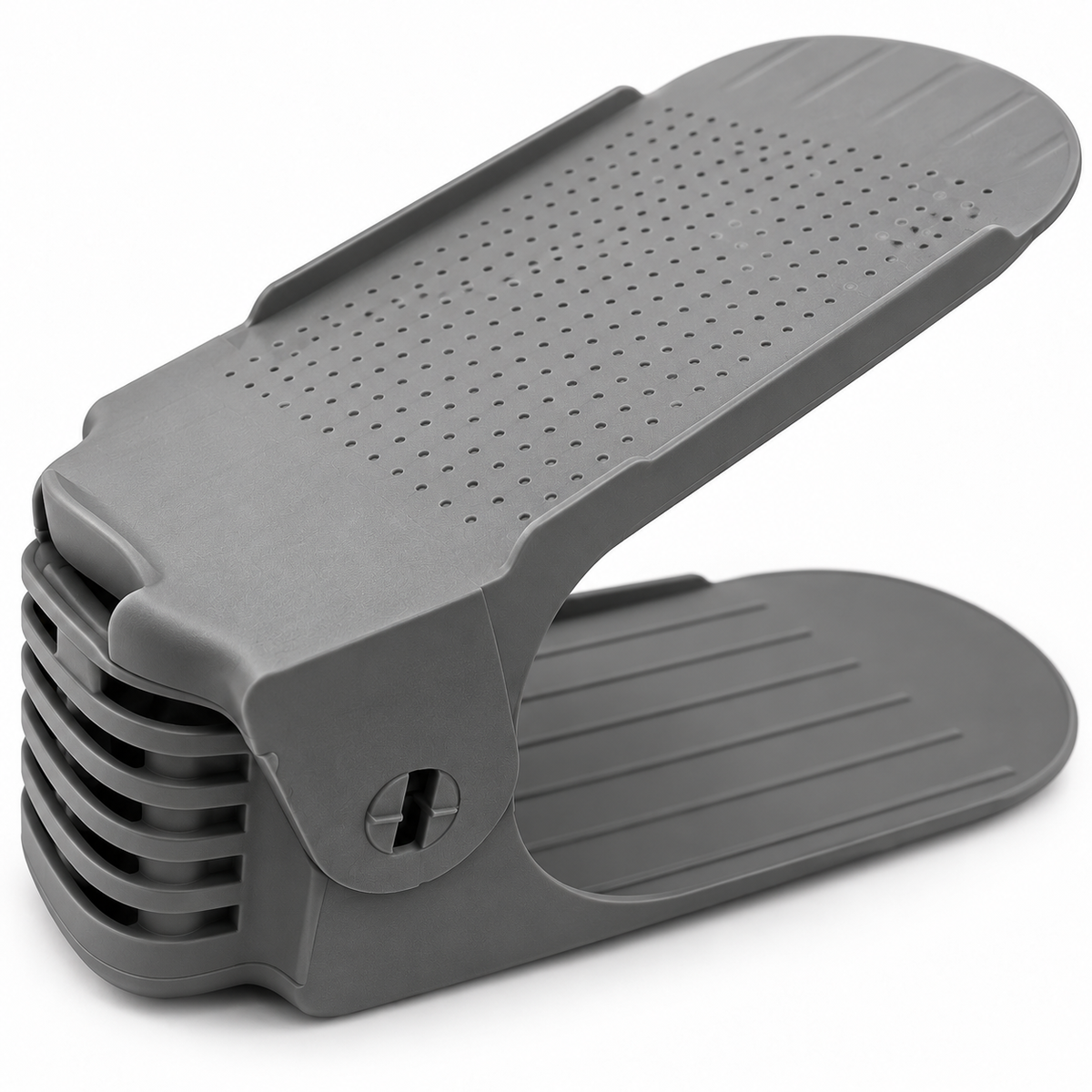 Close-up construction detail of gray adjustable shoe stackers, set of 4.
