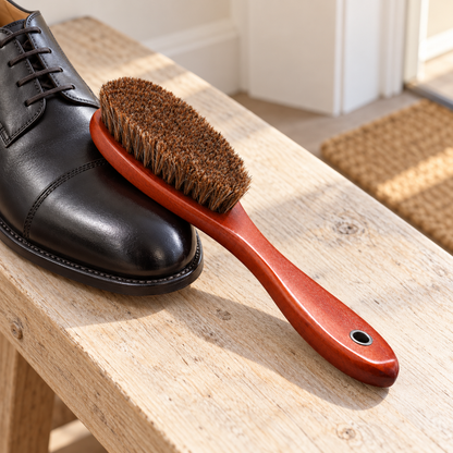 Long-Handle Wood Shoe Polishing Brush beside footwear; scene props not included.