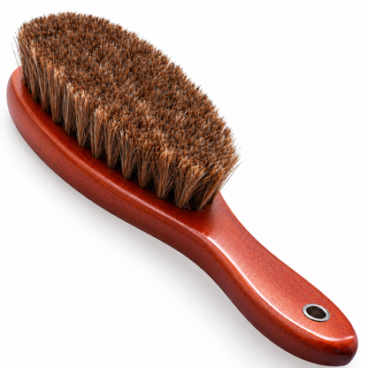 Material and construction detail of long-handle wood shoe polishing brush.