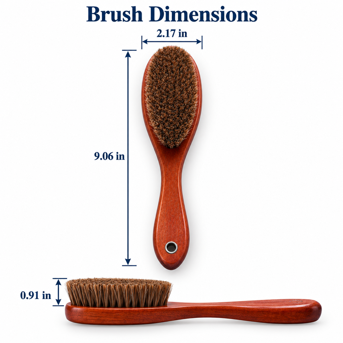 Verified dimensions in inches for long-handle wood shoe polishing brush.