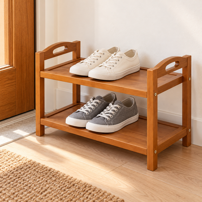 Two-Tier Bamboo Shoe Rack in a home setting; footwear and scene props not included.