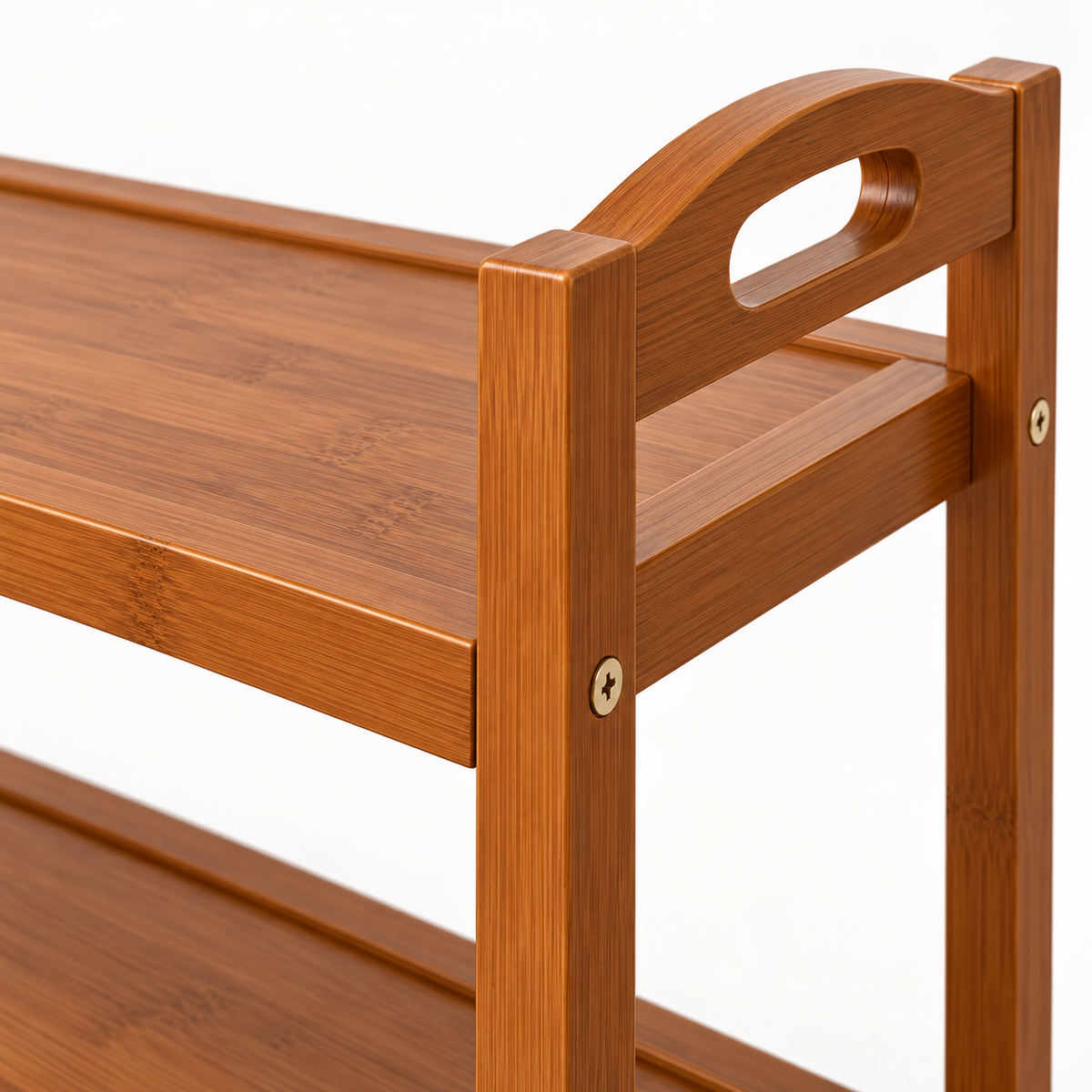 Close-up construction detail of two-tier bamboo shoe rack.