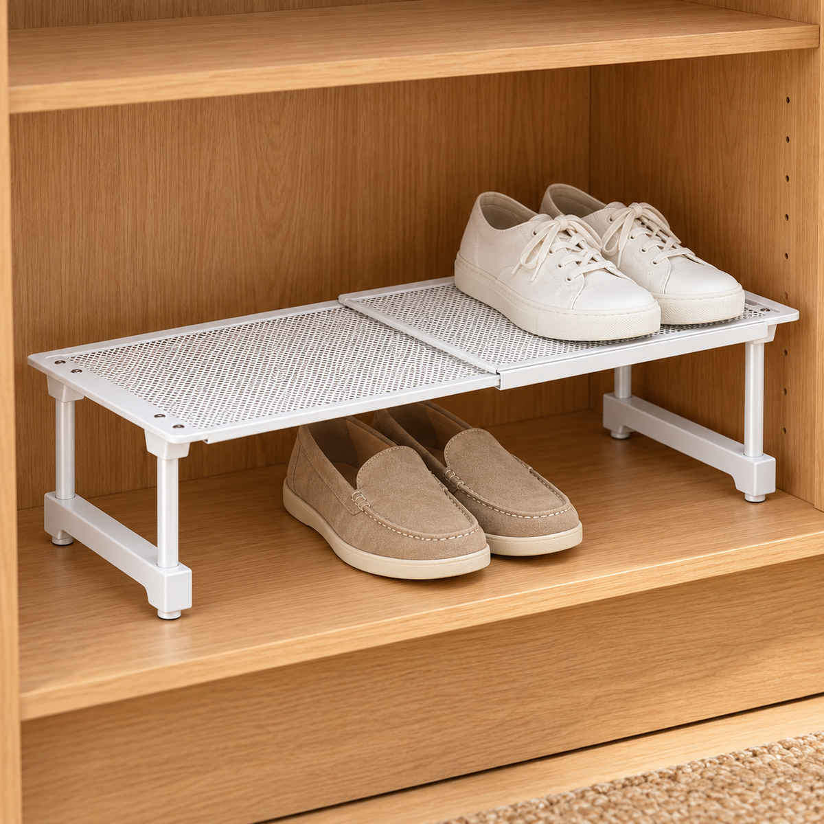 White Expandable Shoe Shelf in a home setting; footwear and scene props not included.