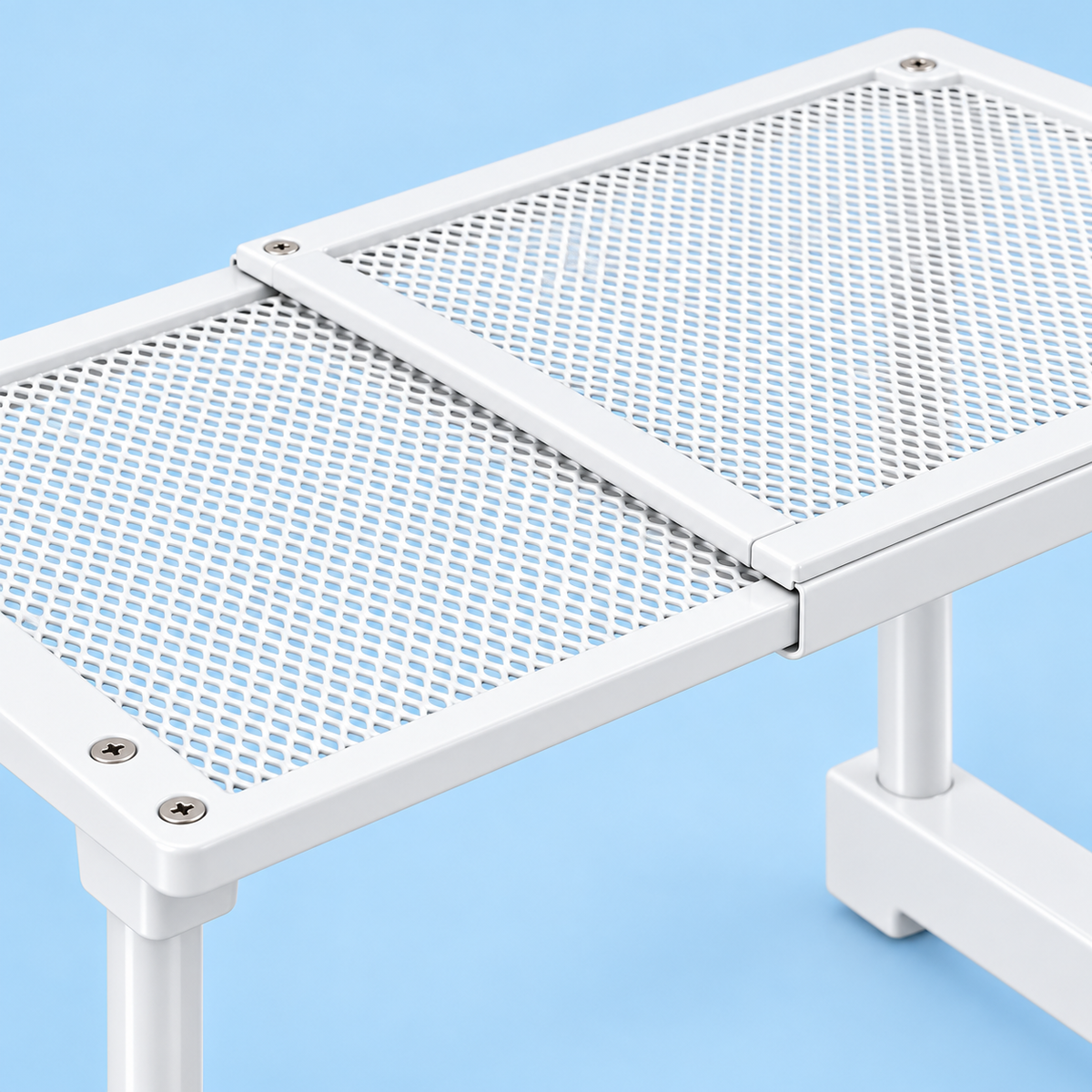 Close-up construction detail of white expandable shoe shelf.
