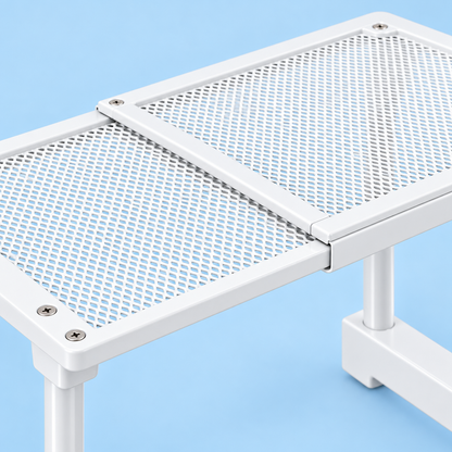 Close-up construction detail of white expandable shoe shelf.