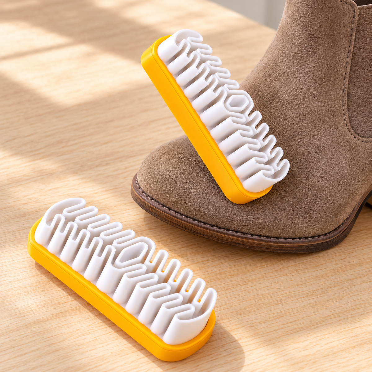 Yellow Suede Loop Brushes, Set of 2 beside footwear; scene props not included.